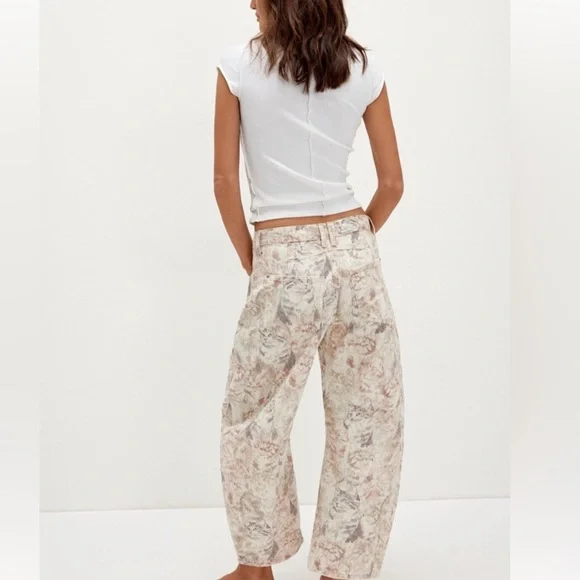 We The Free Neutral Floral Print Wide-Leg Jeans